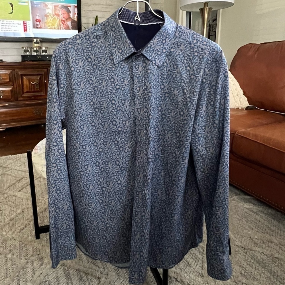 CON.STRUCT MEN'S DRESS SHIRT - 4 way stretch hibiscus leaves blue button down XL - Picture 1 of 9